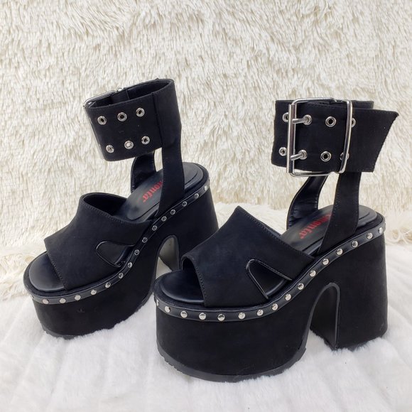Demonia Shoes - Camel 102 Stacked Black Velvet Platform Sandals Goth Punk Demonia Emo